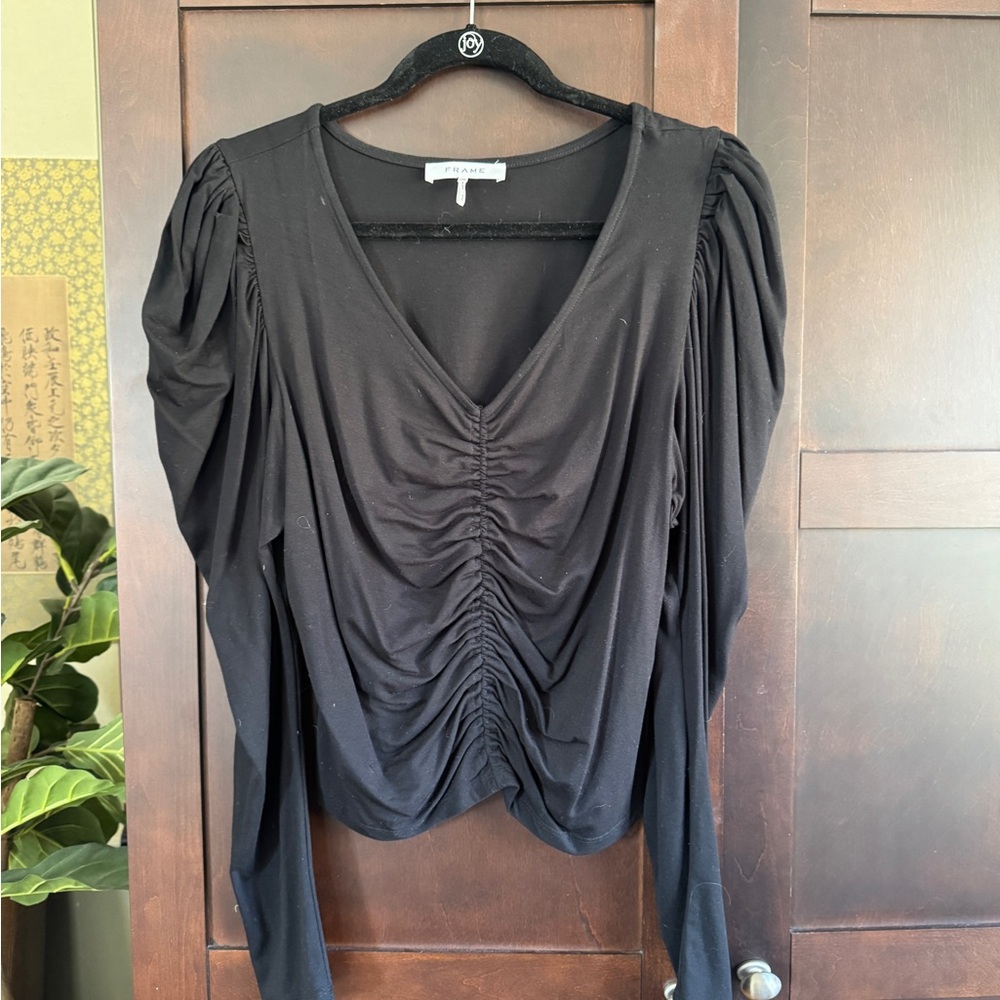 Frame Black Gathered V-Neck Blouse